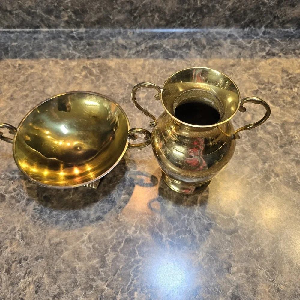 Vintage Hampton Brass 2-Piece Set Vase & Compote Bowl India Ornate Handles Decor
